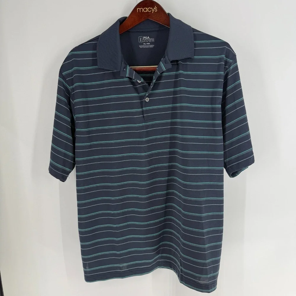 PGA Tour Short Sleeve White‎ Striped Golf Classic Polo Shirt Navy Blue Size XL